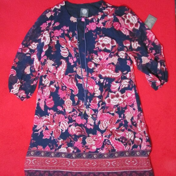 Vince Camuto Purple Pink Floral Dress Keyhole Sheer Sleeves - Picture 2 of 10